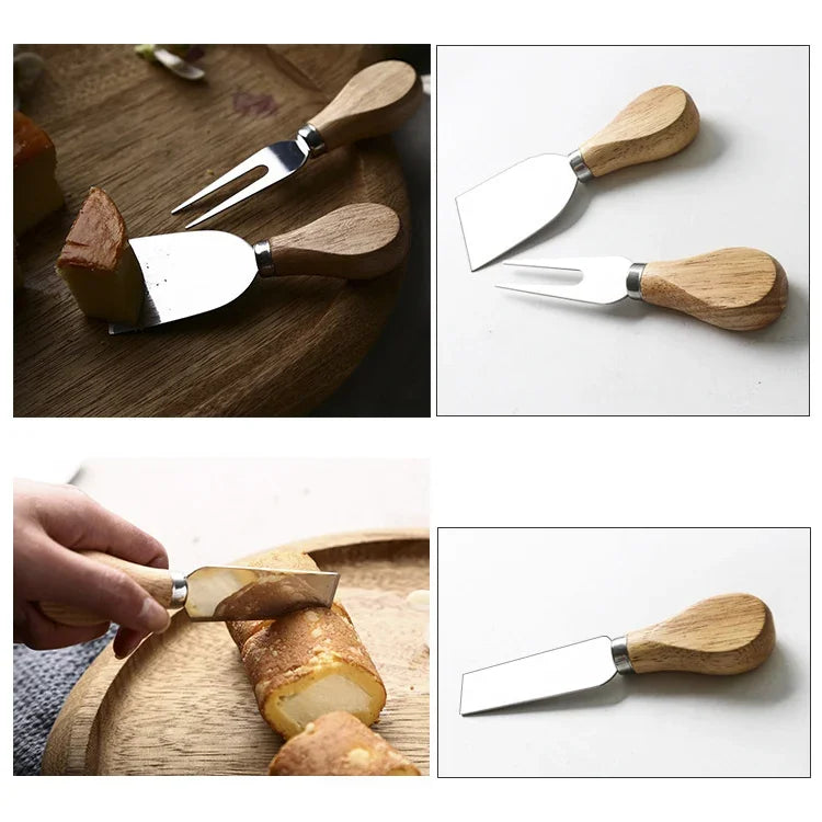 kn603 Lot de 4 couteaux à fromage en acier inoxydable avec manche en bois Outil de cuisson