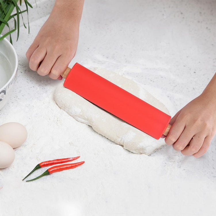 kn055 Rouleau à pâtisserie en silicone avec manche en bois massif, antiadhésif, pour boulettes, longueur : 29 cm, livraison couleur aléatoire, 29 cm