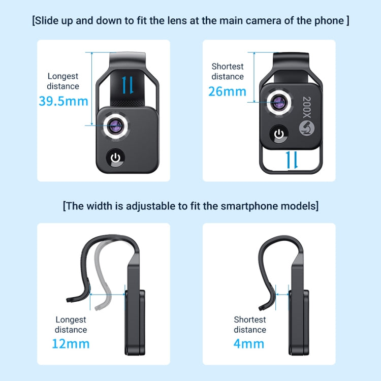 APEXEL APL-MS002BK Microscope 200X HD Universel Portable pour Téléphone Mobile avec Lumière LED, APL-MS002BK