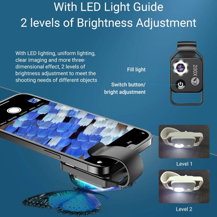 APEXEL APL-MS002BK Microscope 200X HD Universel Portable pour Téléphone Mobile avec Lumière LED, APL-MS002BK