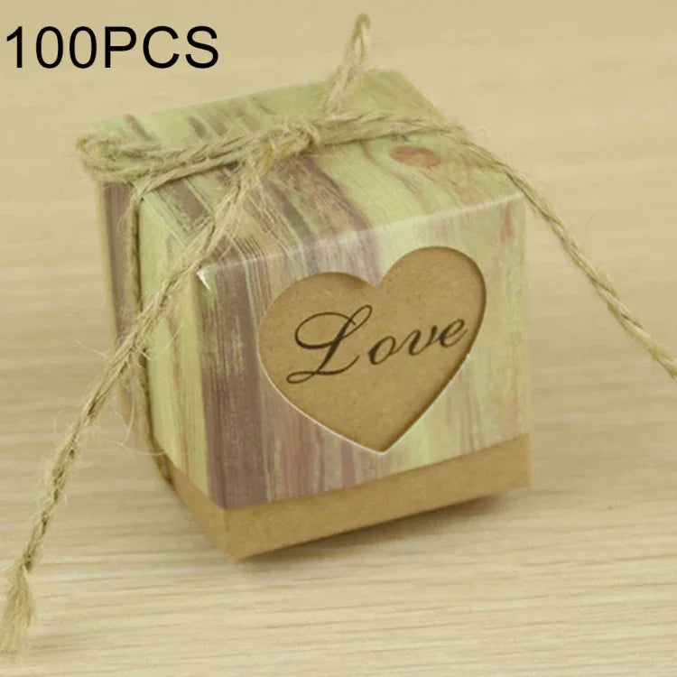 100 PCS Boîte à sucre en papier kraft motif grain de bois en forme de cœur évidé pour mariage, Taille : 5x5x5cm, Cœur noir, Cœur LOVE