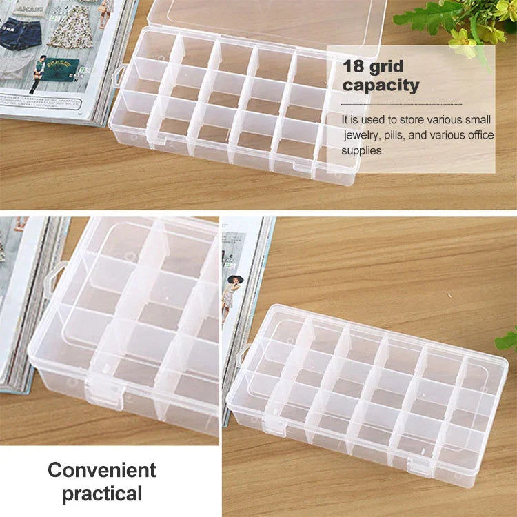 Boîte de rangement en plastique avec 18 compartiments amovibles pour bijoux, boucles d'oreilles, hameçons, petits accessoires, 18 emplacements