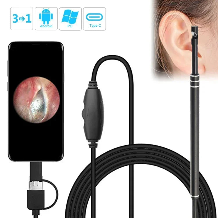 i96 Endoscope Auriculaire USB 3 en 1, Caméra d'Inspection HD 0.3MP, Cuillère Visuelle pour Téléphones Android OTG, PC et MacBook, Câble de 1,85 m, Noir 3 en 1 0.3MP