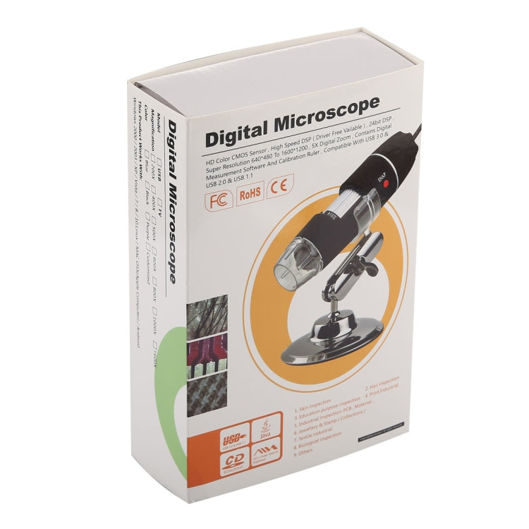 Microscope numérique USB 2 en 1 avec grossissement 1600X, capteur d'image HD 0,3MP, 8 LED et support professionnel, 1600X
