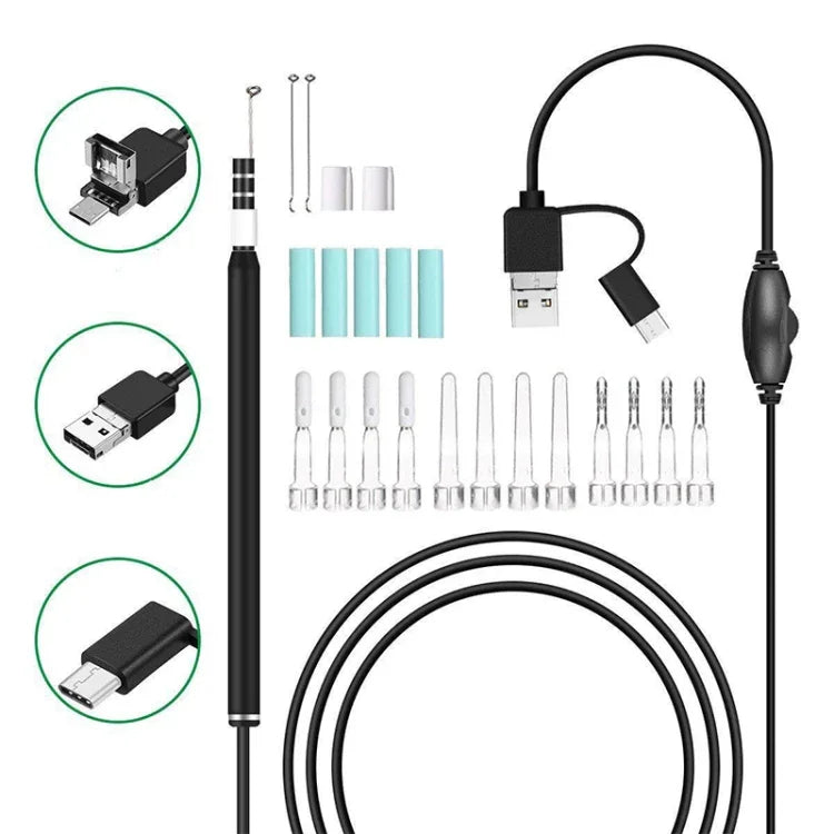 i95 Endoscope USB 3 en 1 pour oreilles, caméra d'inspection HD 0.3MP, curette visuelle pour téléphones OTG Android, PC et MacBook, câble de 1,75 m, 3 en 1 blanc 0.3MP