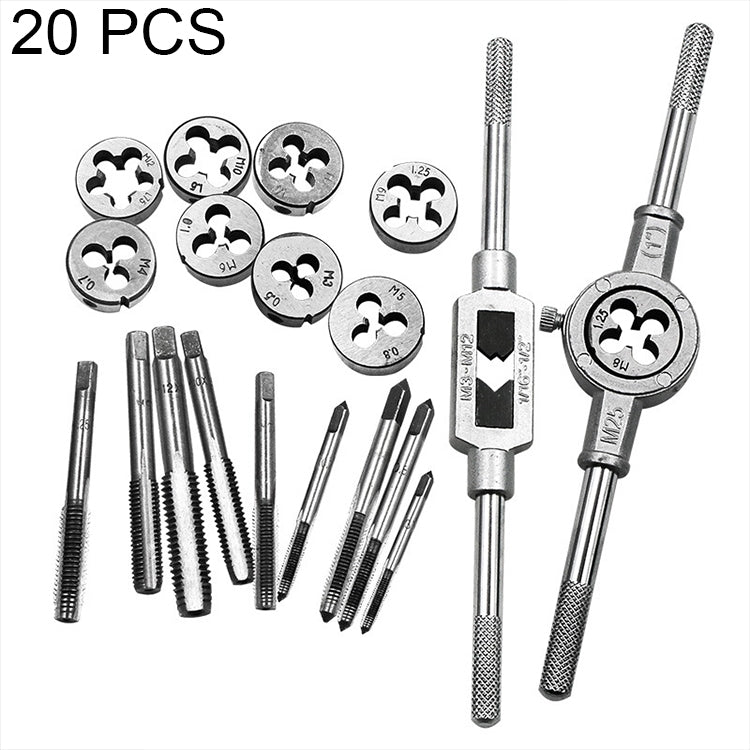 Ensemble combiné de tarauds et filières multi-spécifications 20 pièces, clé à tarauder manuelle métrique, treuil, 20 pièces