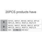 Ensemble combiné de tarauds et filières multi-spécifications 20 pièces, clé à tarauder manuelle métrique, treuil, 20 pièces