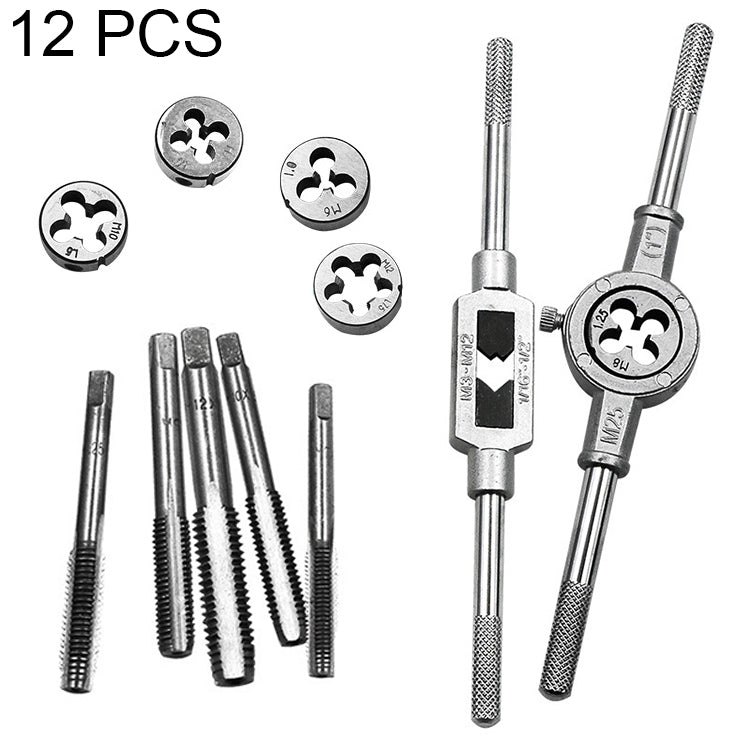 Ensemble combiné de tarauds et filières multi-spécifications 12 pièces, clé à tarauder manuelle métrique, treuil, 12 pièces