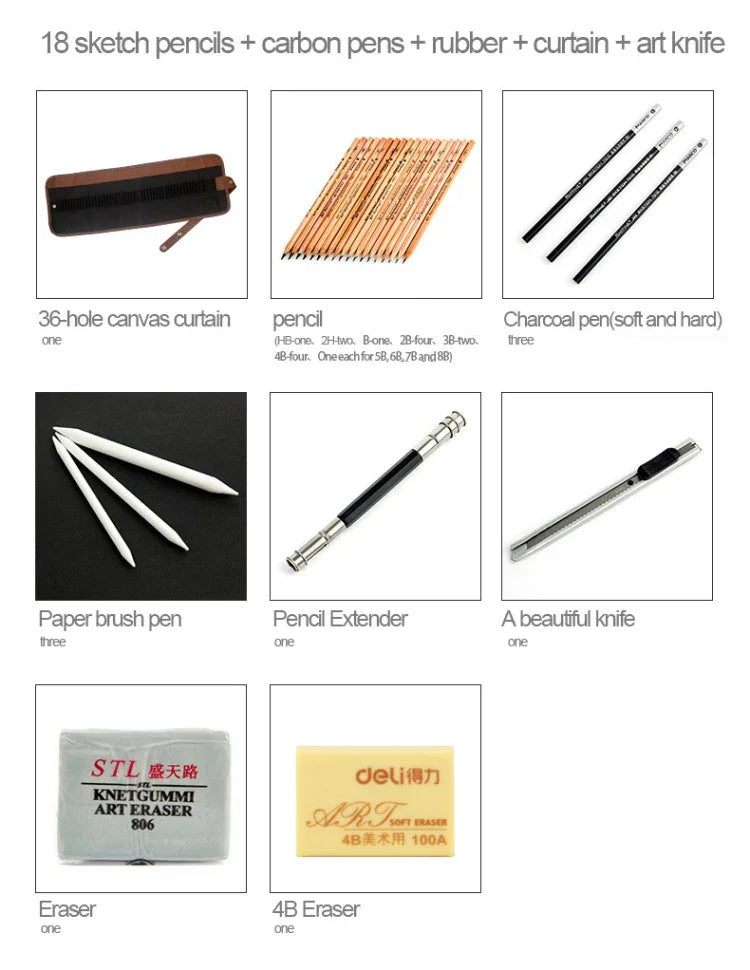 Beginner Sketching Tools (18 PCS Sketching Pencils + Charcoal Pencil + Erasers + Pen Curtain + Art Knife) Sketching Set, Sketching Set