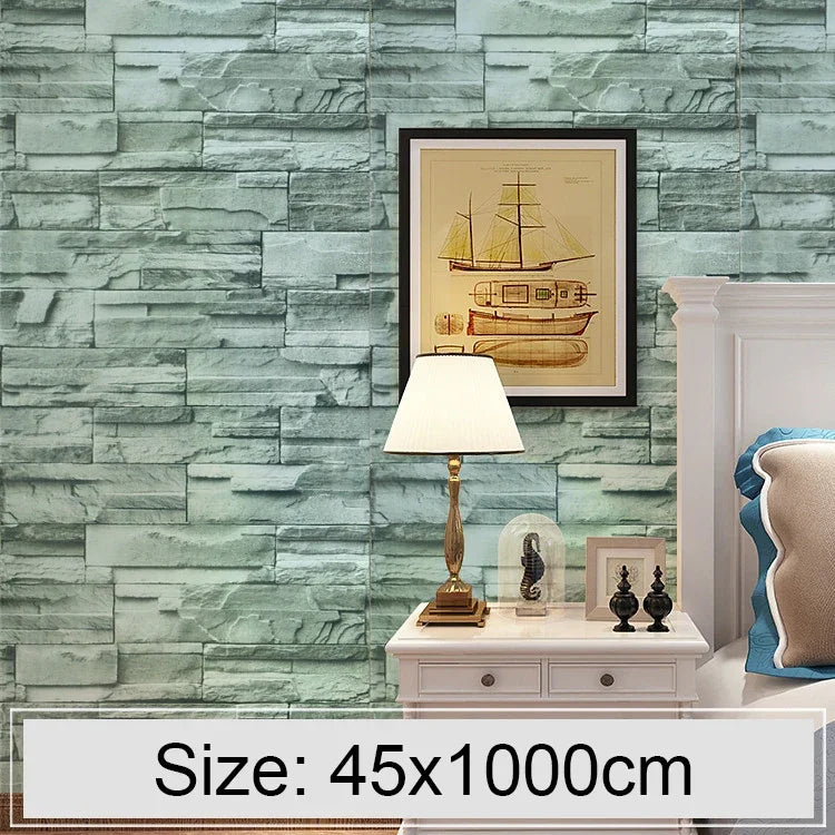Papier peint autocollant décoratif en briques de pierre 3D Green Brick Creative pour chambre et salon, papier peint mural étanche, rouleau, taille : 45 x 1000cm, Brique verte