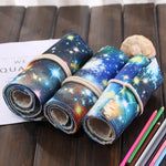 Trousse à Stylos Imprimé Galaxie Cosmique 36 Emplacements, Trousse à Crayons en Toile, Enroulable, Pochette de Papeterie, 36 Emplacements