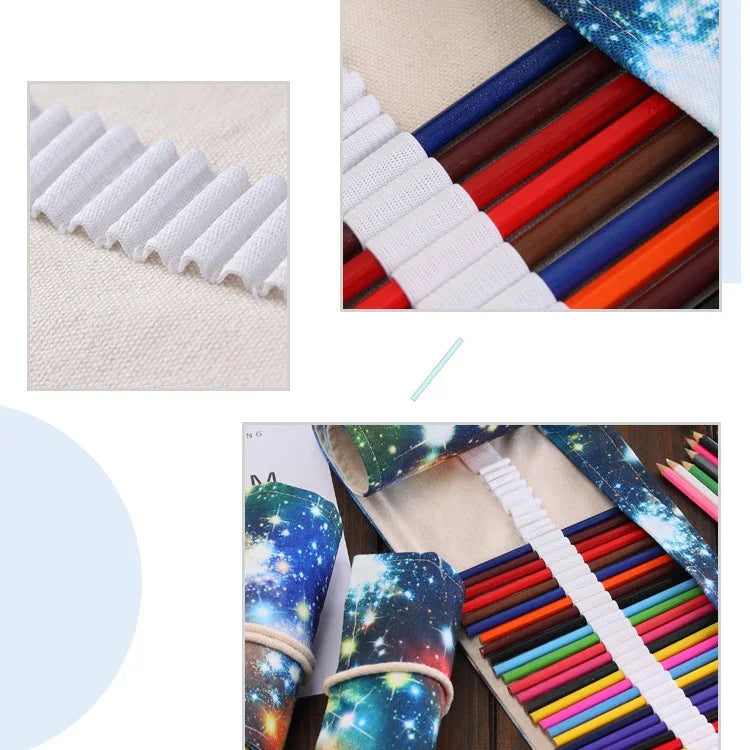 Trousse à Stylos Imprimé Galaxie Cosmique 36 Emplacements, Trousse à Crayons en Toile, Enroulable, Pochette de Papeterie, 36 Emplacements
