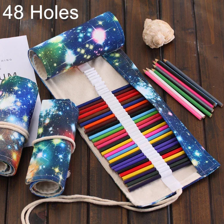 Trousse à Stylos 48 Emplacements Imprimé Galaxie Cosmique Toile Enroulable Trousse à Crayons Pochette Papeterie, 48 Emplacements