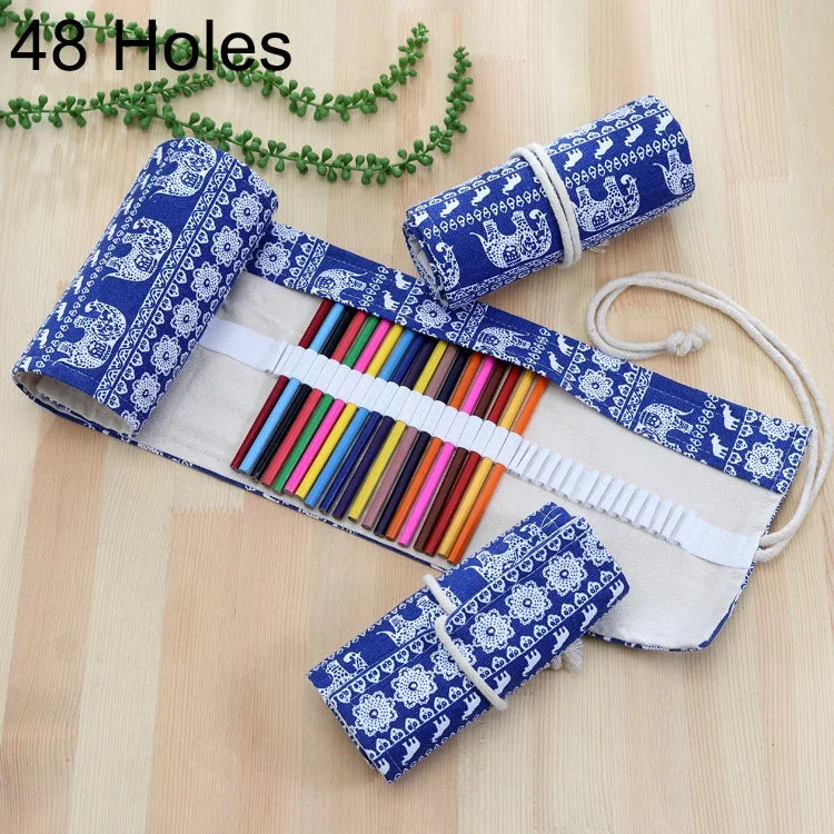 Trousse à Stylos 48 Emplacements Imprimé Éléphant Ethnique Toile Enroulable Trousse à Crayons Pochette Papeterie, 48 Emplacements
