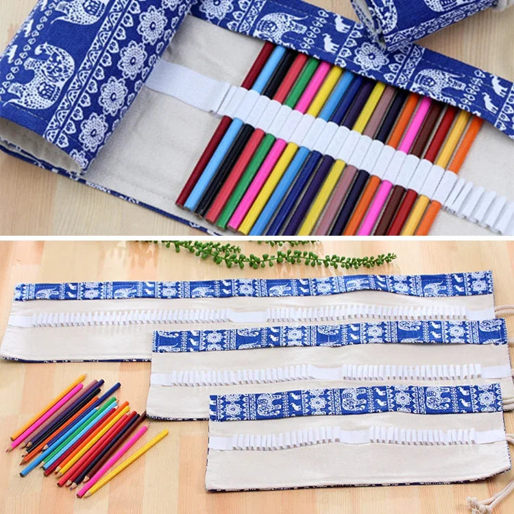 Trousse à Stylos 48 Emplacements Imprimé Éléphant Ethnique Toile Enroulable Trousse à Crayons Pochette Papeterie, 48 Emplacements