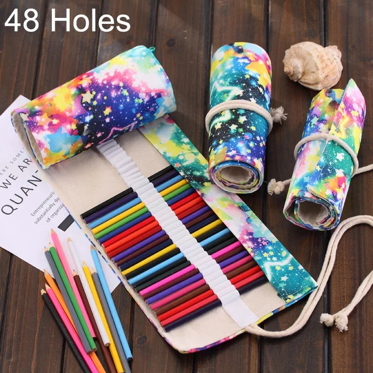 Trousse à Stylos 48 Emplacements Imprimé Ciel Étoilé Toile Enroulable Trousse à Crayons Pochette Papeterie, 48 Emplacements