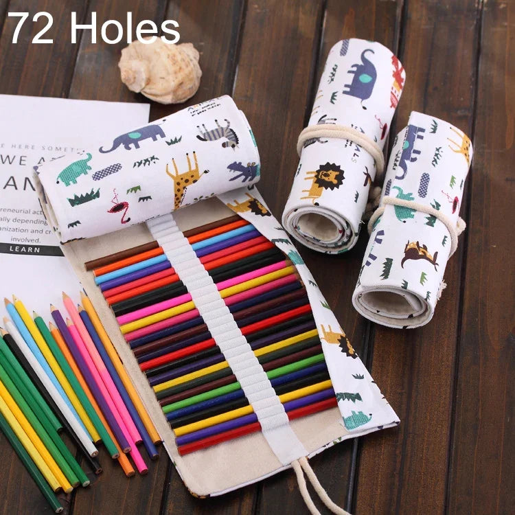 Trousse à stylos en toile à motif animal de dessin animé de 72 emplacements, étui à crayons à enroulement, pochette de papeterie, 72 emplacements