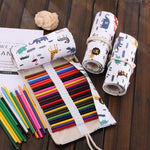 Trousse à stylos en toile à motif animal de dessin animé de 72 emplacements, étui à crayons à enroulement, pochette de papeterie, 72 emplacements