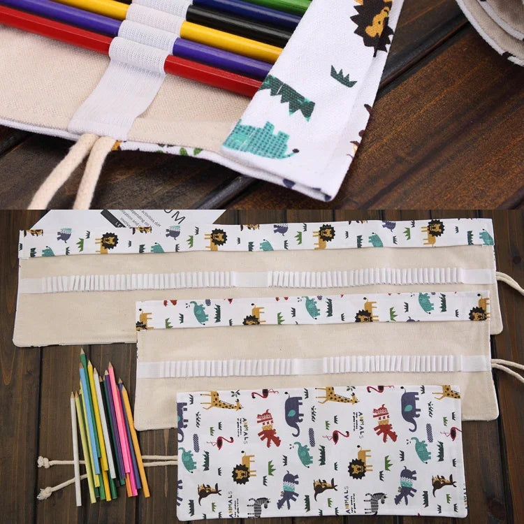 Trousse à stylos en toile à motif animal de dessin animé de 72 emplacements, étui à crayons à enroulement, pochette de papeterie, 72 emplacements