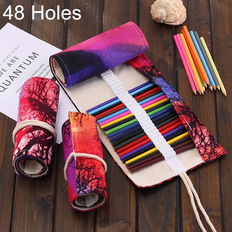 Trousse à Stylos 48 Emplacements Imprimé Arbre au Coucher du Soleil Toile Enroulable Trousse à Crayons Pochette Papeterie, 48 Emplacements