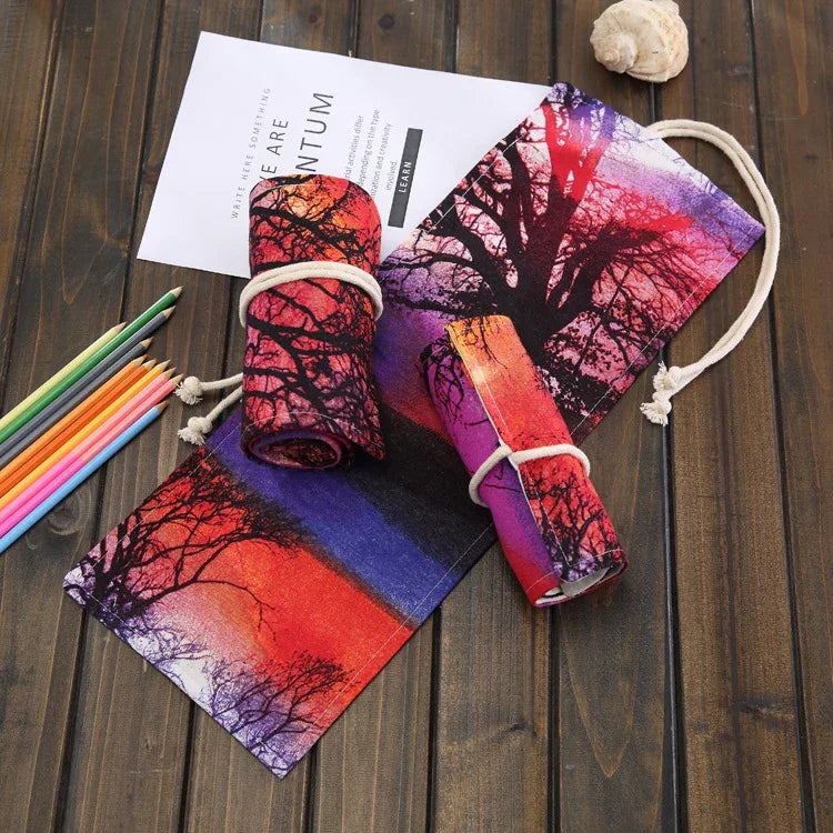 Trousse à Stylos 48 Emplacements Imprimé Arbre au Coucher du Soleil Toile Enroulable Trousse à Crayons Pochette Papeterie, 48 Emplacements