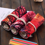 Trousse à Stylos 48 Emplacements Imprimé Arbre au Coucher du Soleil Toile Enroulable Trousse à Crayons Pochette Papeterie, 48 Emplacements