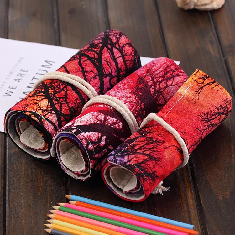 Trousse à Stylos 48 Emplacements Imprimé Arbre au Coucher du Soleil Toile Enroulable Trousse à Crayons Pochette Papeterie, 48 Emplacements