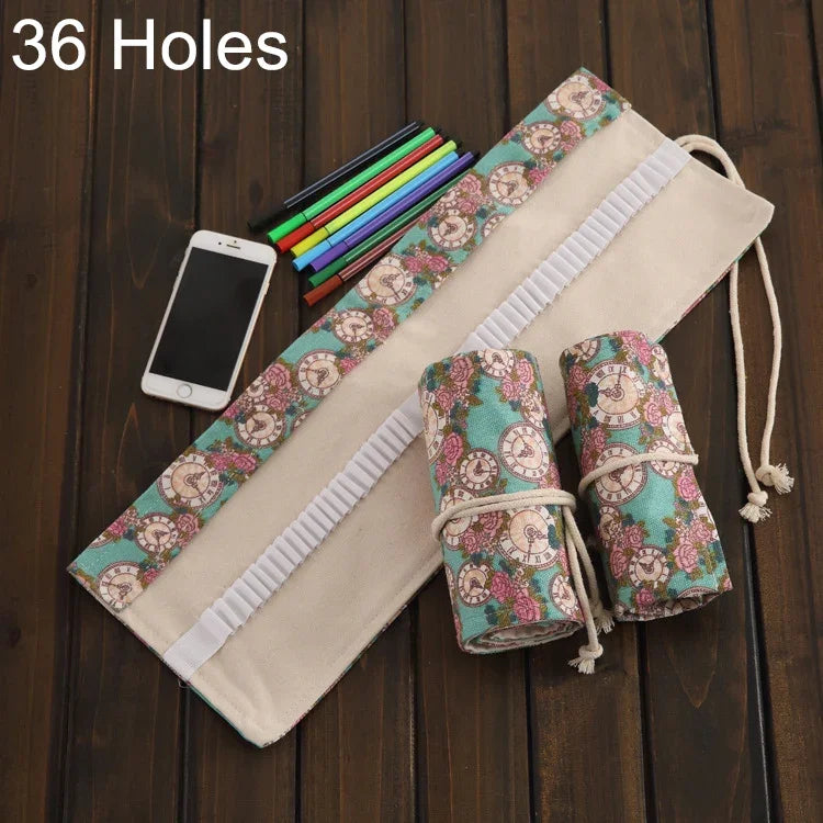 Trousse à stylo en toile imprimé horloge rose 36 emplacements, trousse à crayons roulante, pochette de papeterie, 36 emplacements