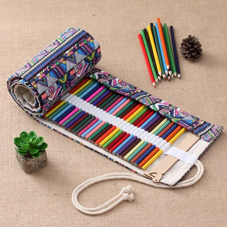 Trousse à crayons imprimée ethnique 72 emplacements, toile, pochette à crayons enroulable, 72 emplacements