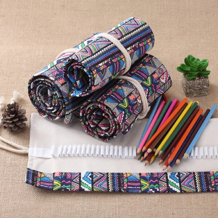 Trousse à crayons imprimée ethnique 72 emplacements, toile, pochette à crayons enroulable, 72 emplacements