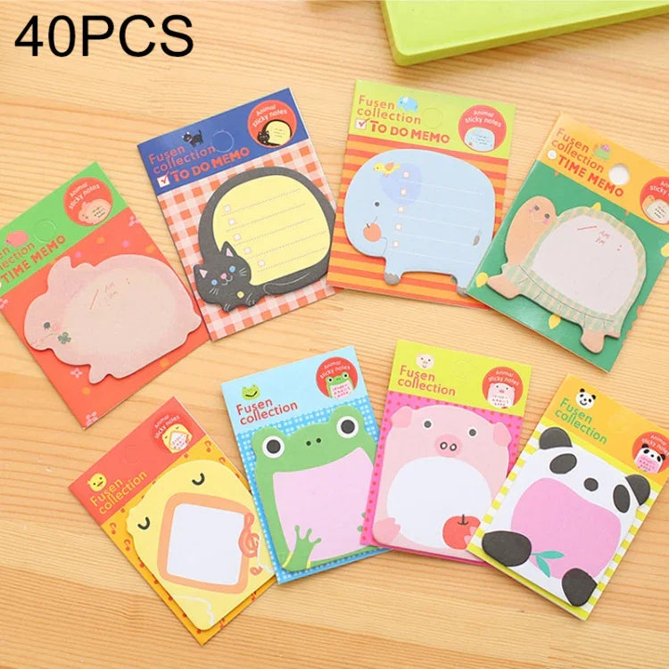 40 PCS bloc-notes autocollants en forme d'animaux dessin animé, notes adhésives N fois, marque-page, fournitures scolaires et de bureau, style aléatoire, bloc-notes adhésif