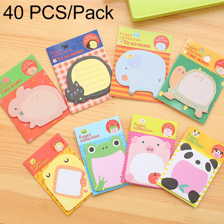 40 PCS bloc-notes autocollants en forme d'animaux dessin animé, notes adhésives N fois, marque-page, fournitures scolaires et de bureau, style aléatoire, bloc-notes adhésif