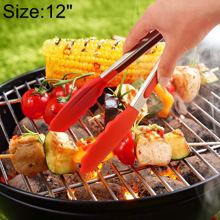 Pince de cuisine antidérapante en silicone pour aliments, pain, barbecue, 30 cm, noir, 30 cm, rouge