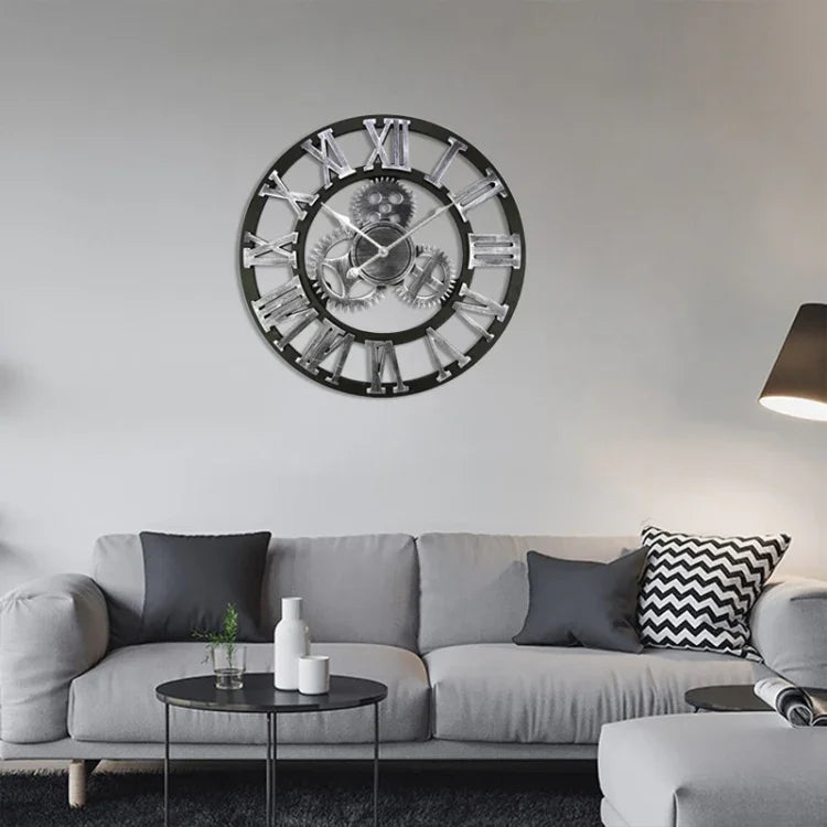 Horloge Murale Ronde Vintage en Bois avec Engrenage, Numéros Romains, Diamètre : 70cm