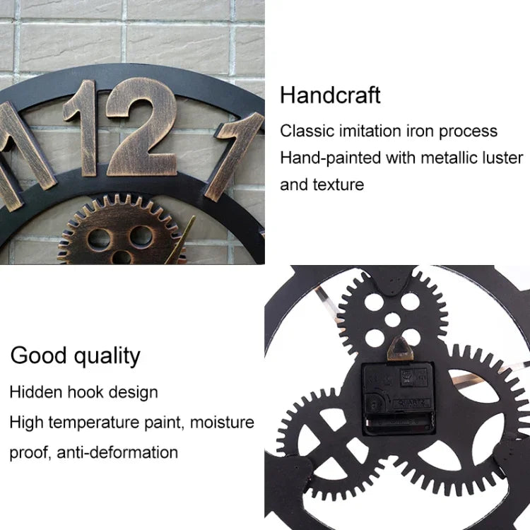 Retro Wooden Round Single-sided Gear Clock Rome Number Wall Clock, Diameter: 58cm, Rome Number 58cm