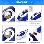 Défroisseur vapeur portatif multifonction pour la maison, appareil à vapeur portable à main avec fond en céramique, brosse en flanelle, brosse à cheveux et verre doseur, prise EU, prise EU violet, prise EU bleu