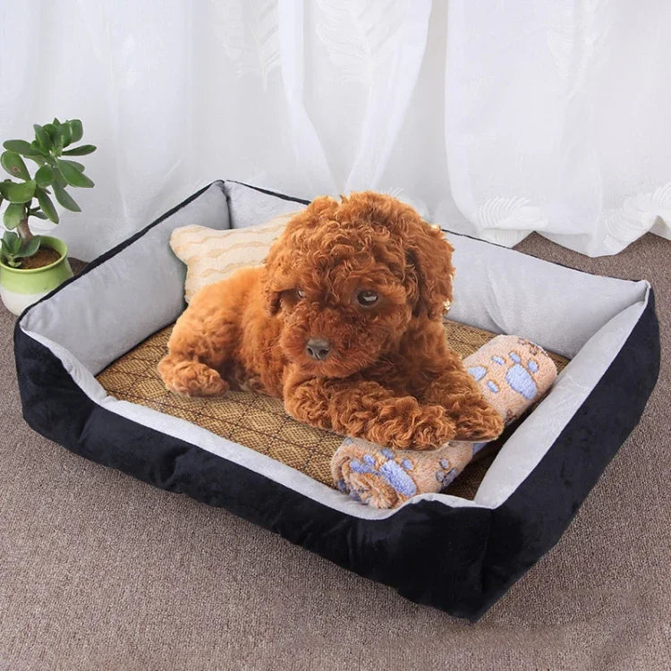 Tapis couverture pour chien et chat, grand, doux et chaud, motif os de chien, avec tapis en rotin et couverture Taille : L, 80×60×15cm, Taille : L