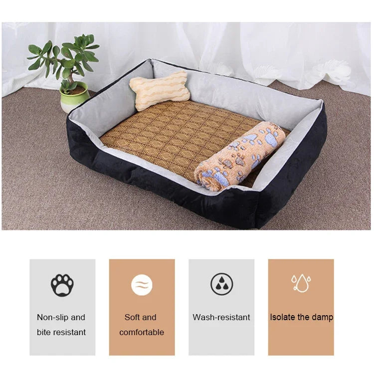 Dog Bone Pattern Big Soft Warm Kennel Pet Dog Cat Mat Blanket, with Rattan Mat & Blanket Size: L, 80×60×15cm, Size: L