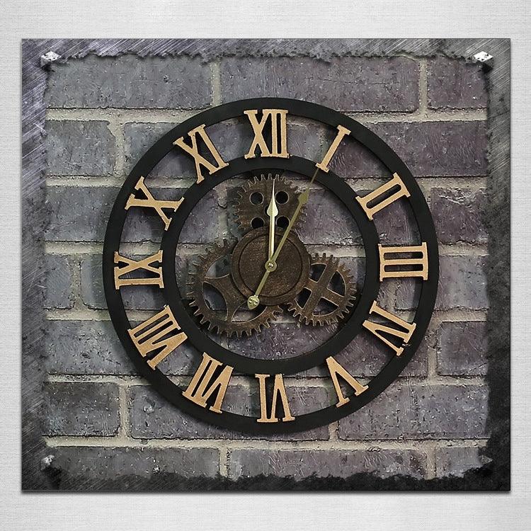 Horloge murale en bois de style industriel américain original, engrenage vintage, diamètre : 50 cm, chiffres romains 50 cm