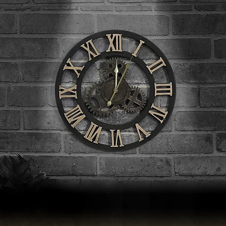 Horloge murale en bois de style industriel américain original, engrenage vintage, diamètre : 50 cm, chiffres romains 50 cm