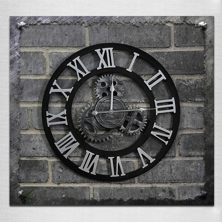 Horloge murale en bois de style industriel américain original, engrenage vintage, diamètre : 50 cm, chiffres romains 50 cm