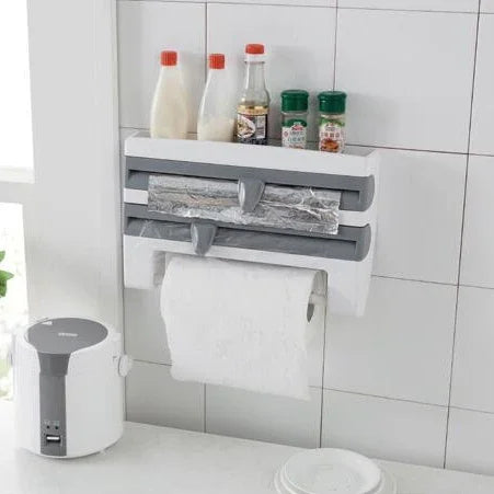 Support mural pour film alimentaire, porte-rouleau avec dispositif de découpe, dimensions : 39 x 10 x 24 cm, gris