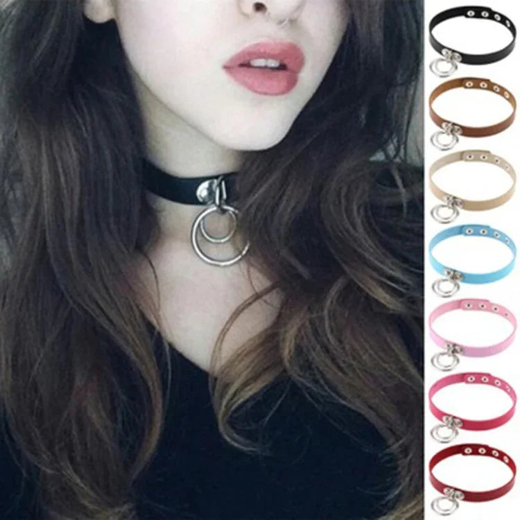 2 colliers ras du cou en cuir à double anneau de style rock punk européen et américain, pour boîte de nuit ou danse de rue, livraison de couleur aléatoire, DHXQ02