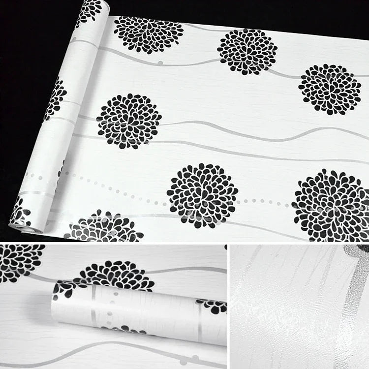 Papier peint autocollant décoratif créatif en boule de fleur noire 3D, décoration murale étanche pour chambre et salon, rouleau de papier peint, taille : 45 x 1000 cm, boule de fleur noire