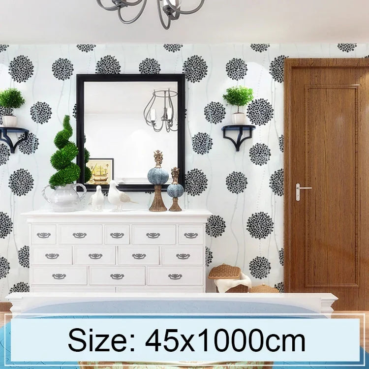 Papier peint autocollant décoratif créatif en boule de fleur noire 3D, décoration murale étanche pour chambre et salon, rouleau de papier peint, taille : 45 x 1000 cm, boule de fleur noire