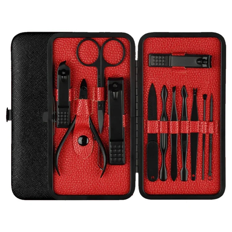 Kit de Manucure et Pédicure Avancé 12 en 1 avec Coupe-ongles en Acier Inoxydable et Étui en Cuir, Rouge+Noir