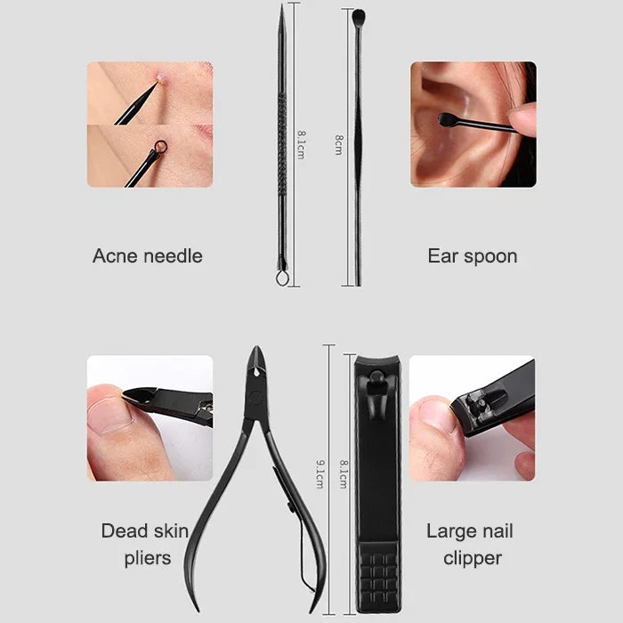 Kit de Manucure et Pédicure Avancé 12 en 1 avec Coupe-ongles en Acier Inoxydable et Étui en Cuir, Rouge+Noir