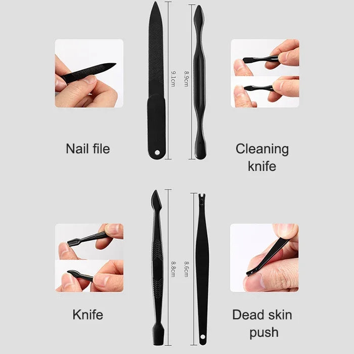 Kit de Manucure et Pédicure Avancé 12 en 1 avec Coupe-ongles en Acier Inoxydable et Étui en Cuir, Rouge+Noir