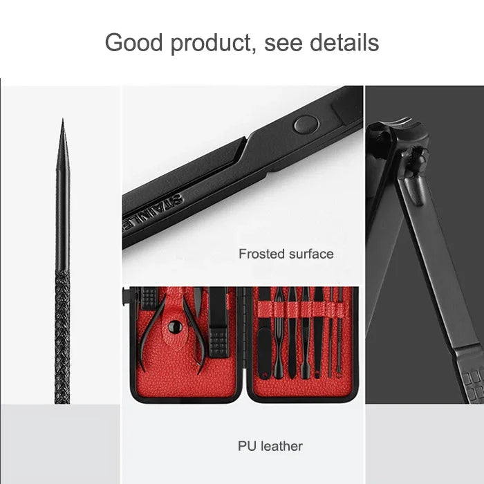 Kit de Manucure et Pédicure Avancé 12 en 1 avec Coupe-ongles en Acier Inoxydable et Étui en Cuir, Rouge+Noir