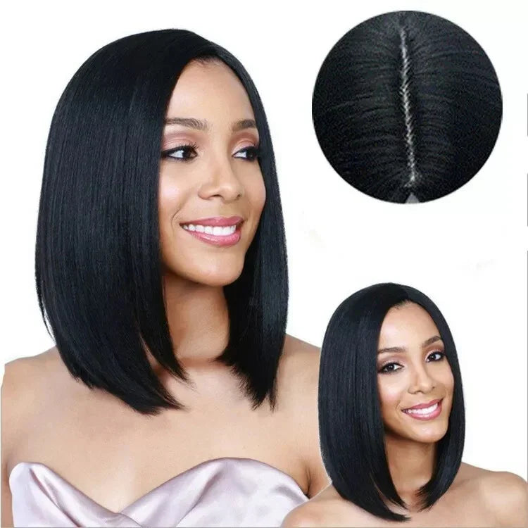 Perruque à Cheveux Raides Mi-longs et Épais avec Raie au Milieu, Coiffure pour Femmes